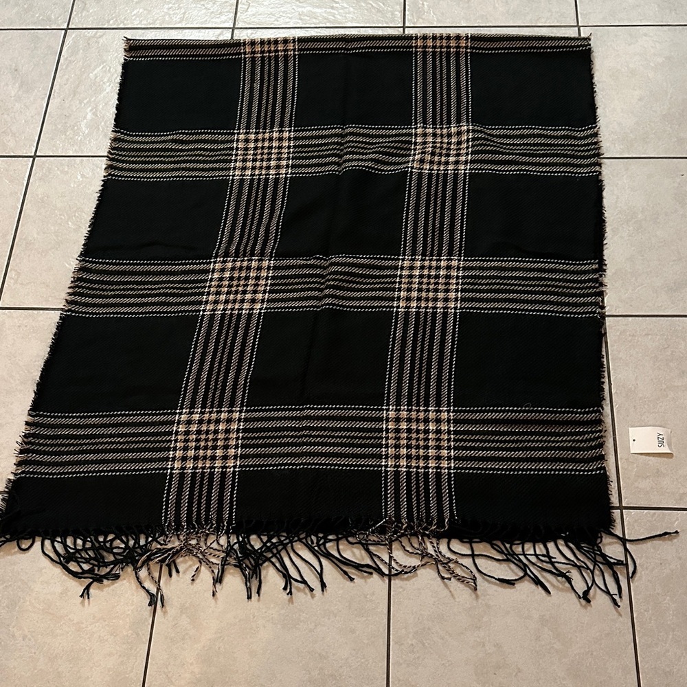 SUZY SHEIR Black and Tan Plaid Y2K Scarf NWT - Picture 2 of 5